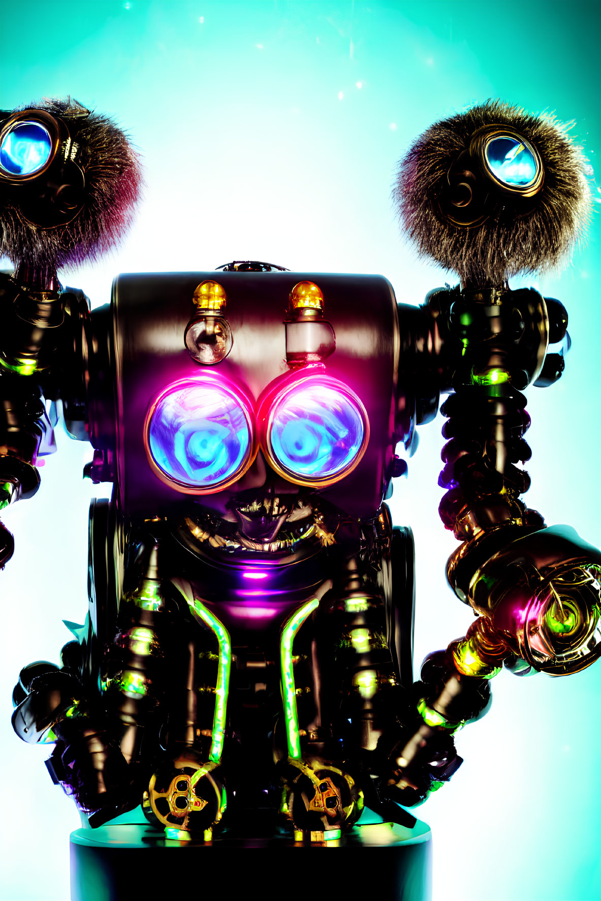 Futuristic robot with purple eyes and glossy black body on blue backdrop