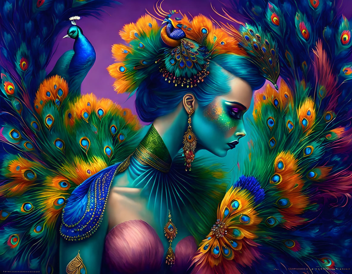 Colorful artwork: Woman with peacock feathers and jewelry on purple background