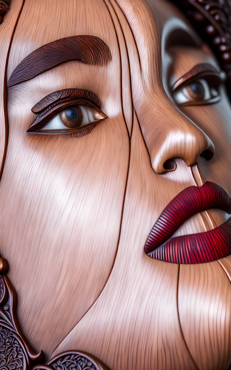 Detailed digital illustration of woman's face with wooden textures, brown eyes, red lips, and defined eyebrows