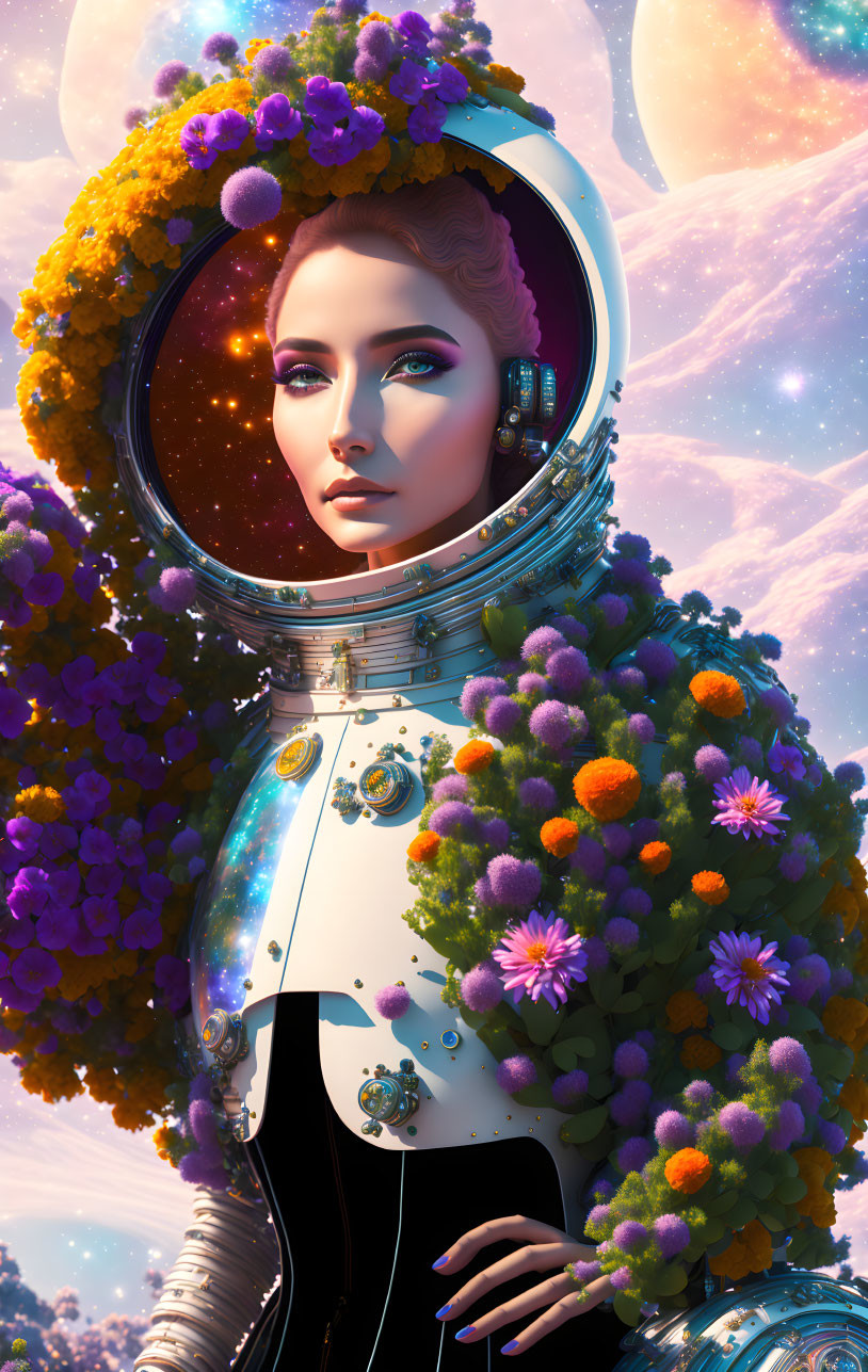 Female astronaut in floral spacesuit against cosmic background.