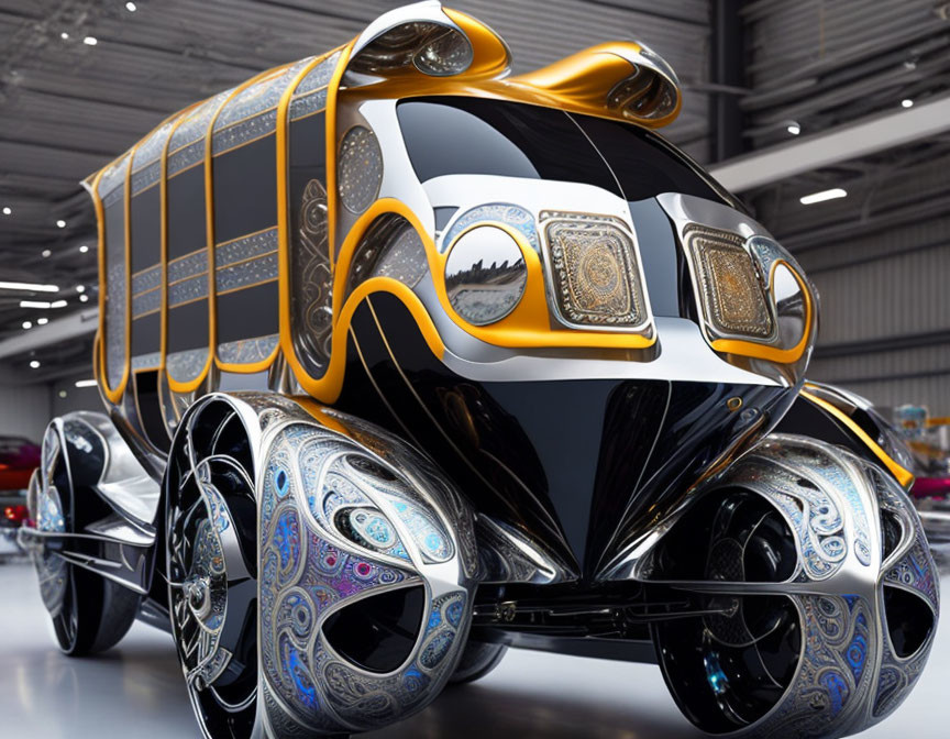 Luxurious Carriage-Styled Vehicle with Gold and Silver Detailing in Modern Showroom