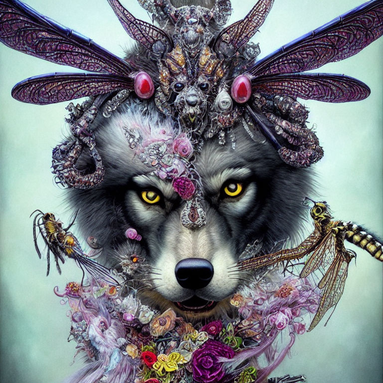 Wolf with Yellow Eyes and Ornate Headdress Surrounded by Insects and Flowers