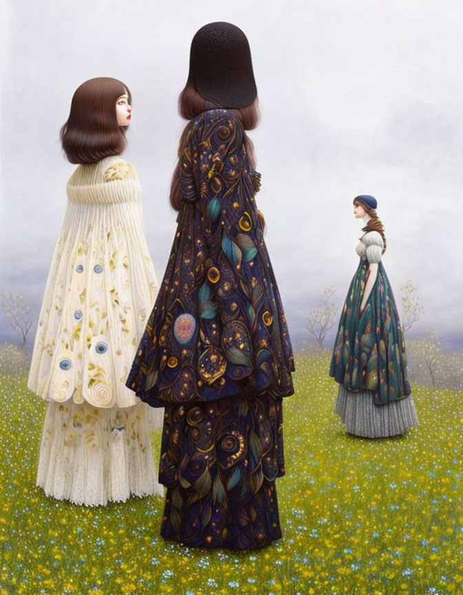 Three stylized female figures in vintage dresses among yellow flowers.