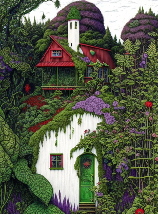 Illustration of Cozy Red-Roofed House in Lush Forest