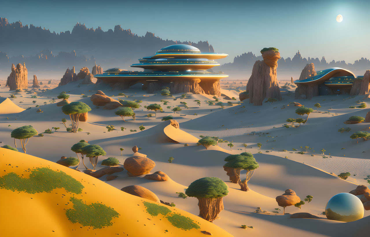 Futuristic desert landscape with alien flora and dome-shaped buildings