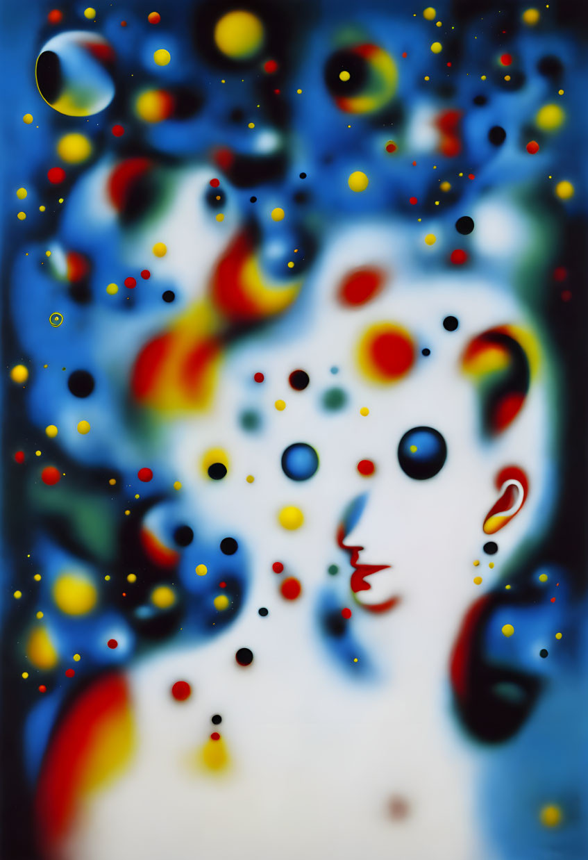 Vibrant colored dots and shapes on blue background with surreal face-like form