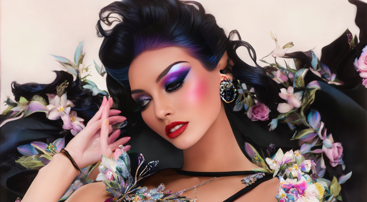 Woman in dramatic makeup and floral attire with eyes closed and hand on face