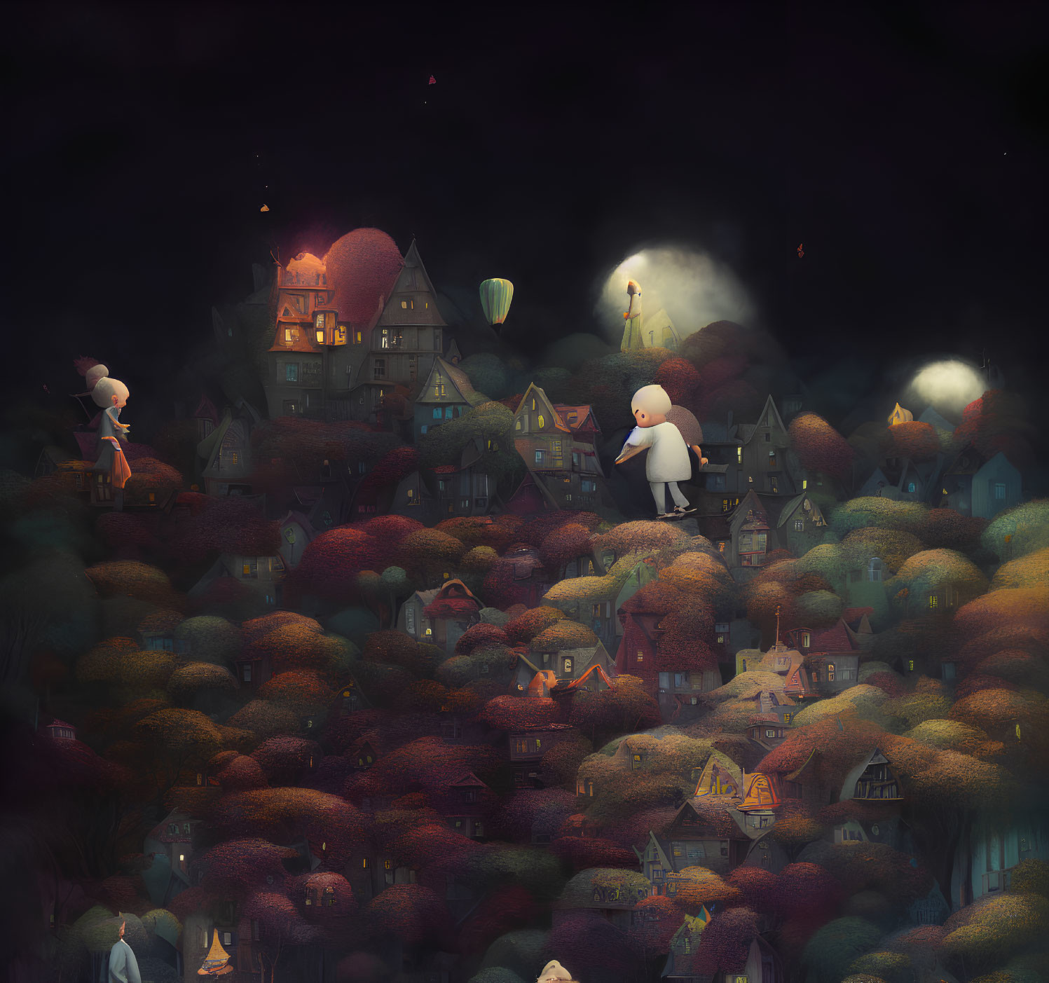 Whimsical characters in cozy village night scene