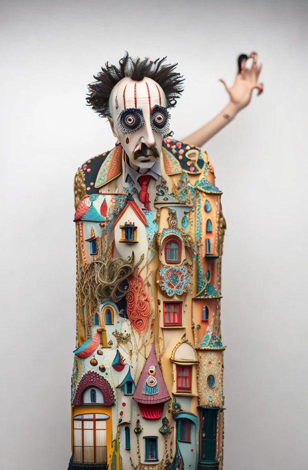 Colorful clown-headed figure amidst whimsical buildings on gray background