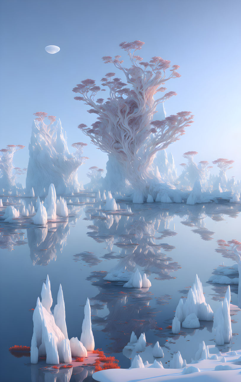 Icy landscape with crystal formations, surreal trees, calm water, and floating ring