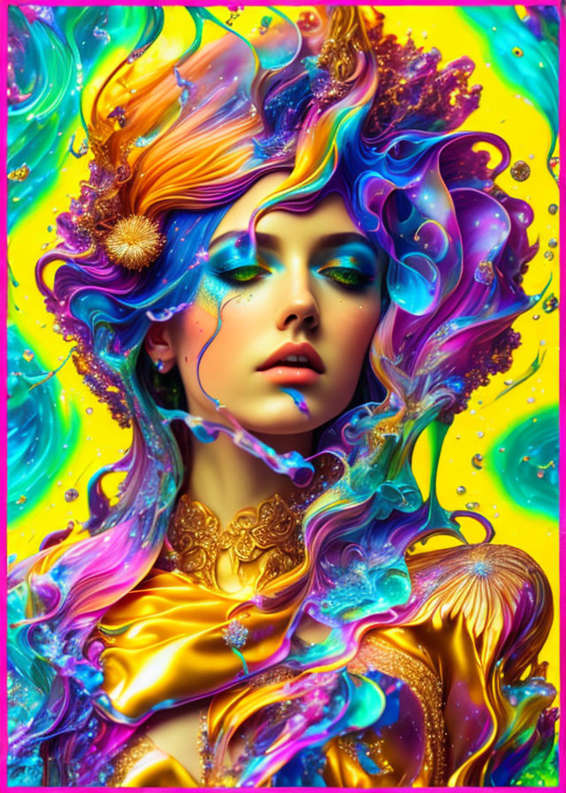 Vibrant digital artwork of a woman with flowing hair and makeup on yellow background