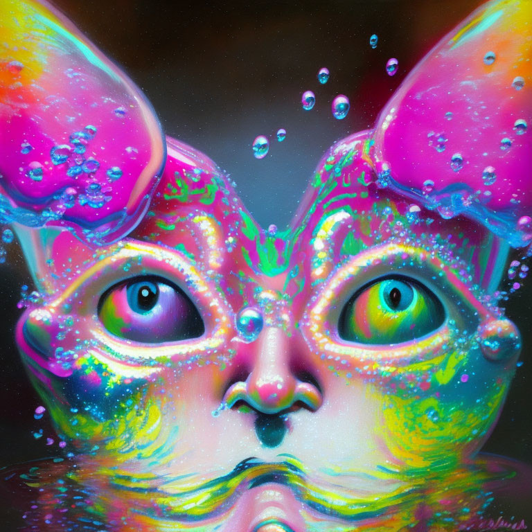 surreal pink aqua green cat girl, oil painting