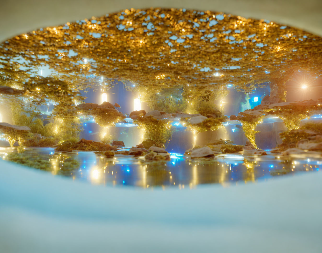 Tranquil indoor pond with golden-lit ambiance