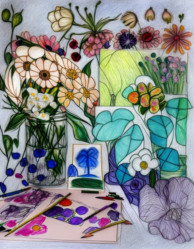 Vibrant floral illustration with flowers, plants, vases, and pencils on table