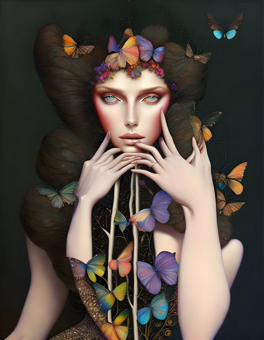 Surreal portrait of woman with butterflies, blue eyes, and flowers holding stem