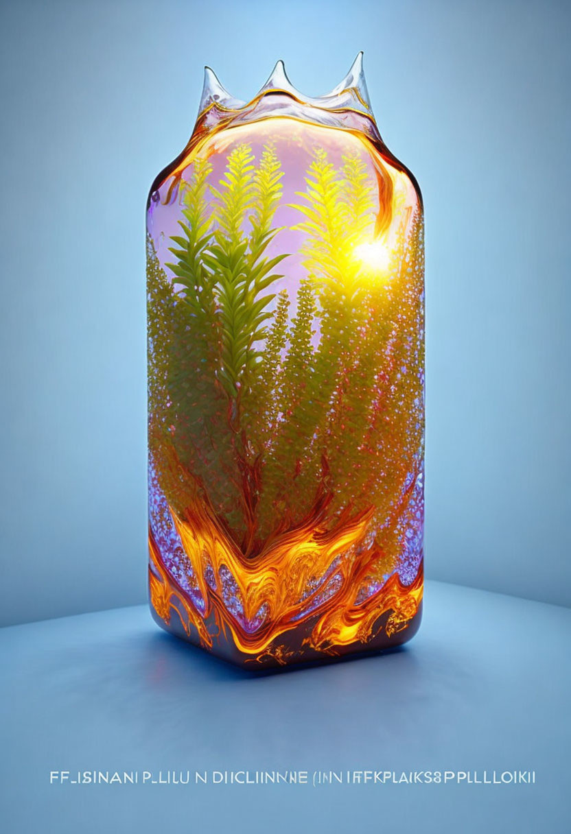 Surreal image of glowing jar with fiery base and sunlit forest landscape.