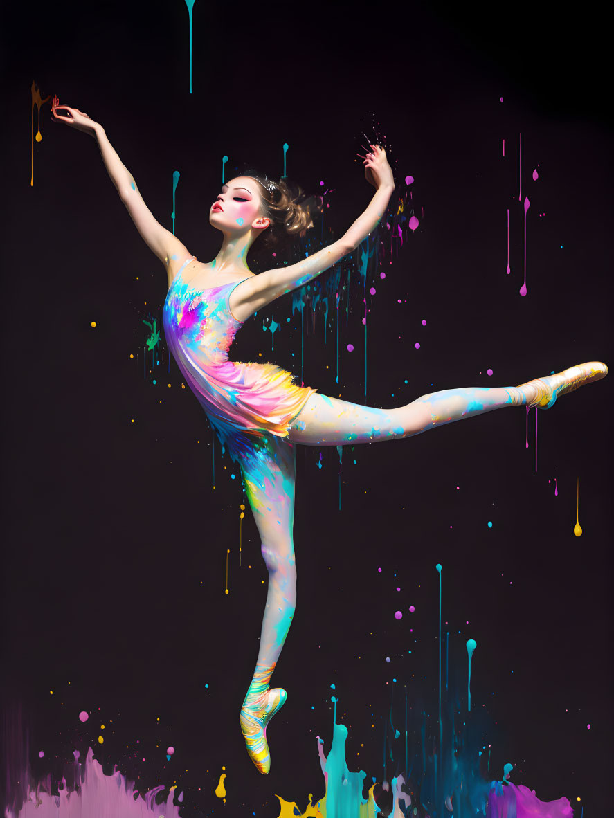 Colorful Outfit Dancer in Arabesque Pose with Vibrant Paint Splashes