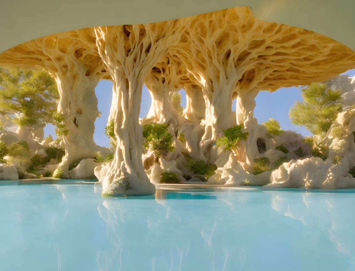 Surreal fantasy landscape with organic tree-like structures above tranquil blue pool