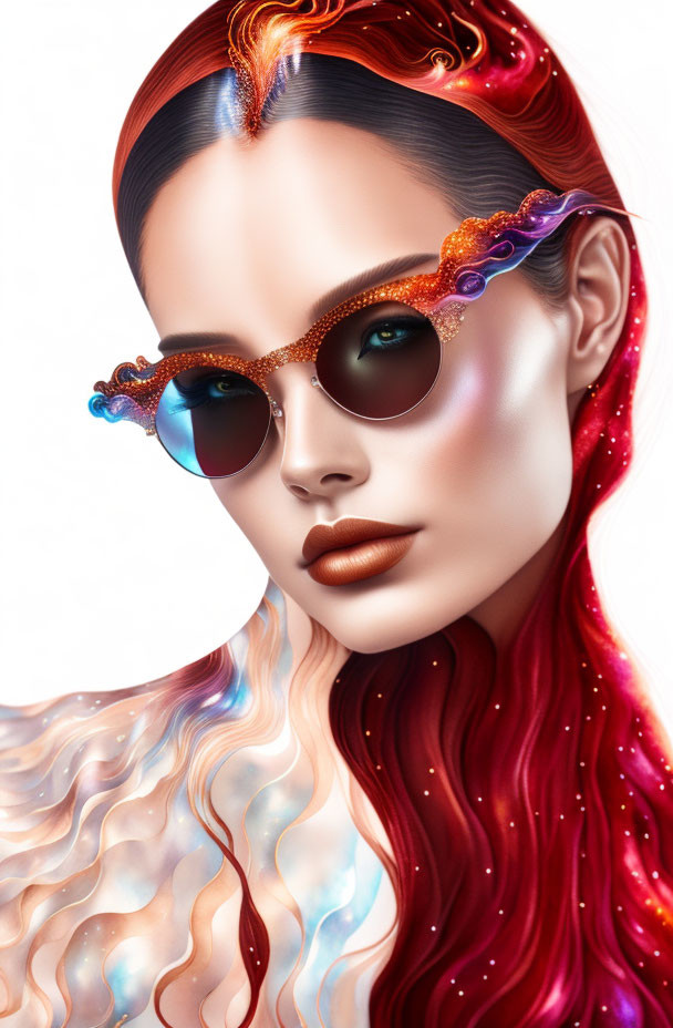 Digital Artwork: Woman with Red Hair & Embellished Sunglasses