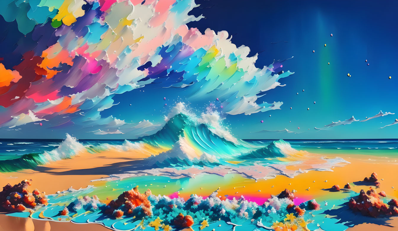 Colorful beach scene with waves crashing under rainbow sky.