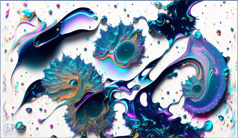 Vibrant abstract art: Blue, black, and gold swirls with peacock feather-like patterns