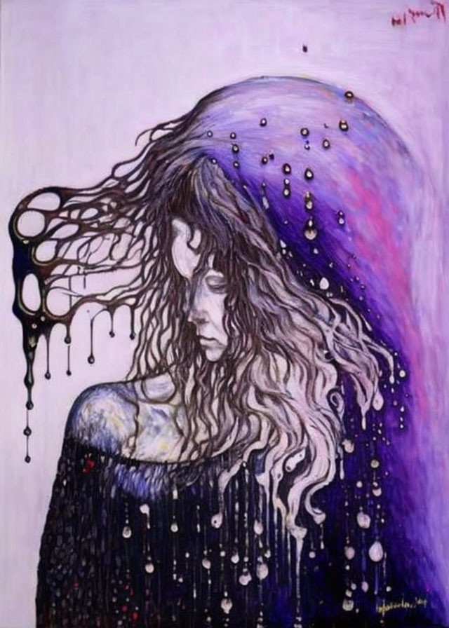 Surrealist painting: Woman with purple hair melting into beaded strands