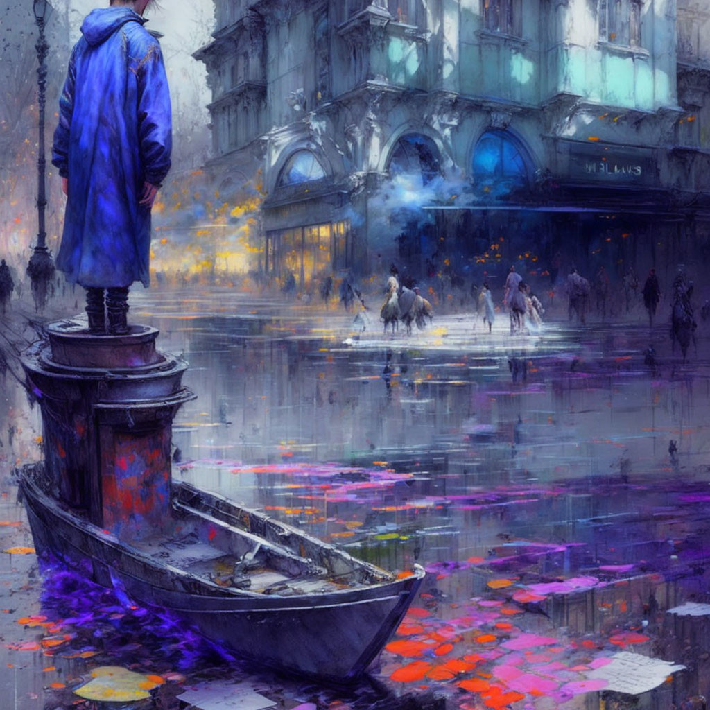 Person in Blue Coat Observing Cityscape from Dock