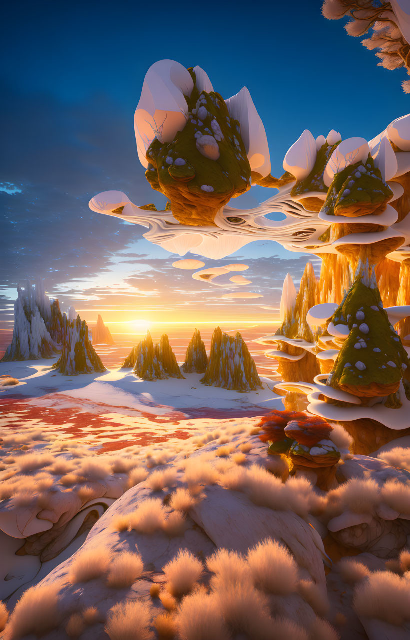 Surreal landscape: Floating islands, snow-capped peaks, orange skies, reflective water