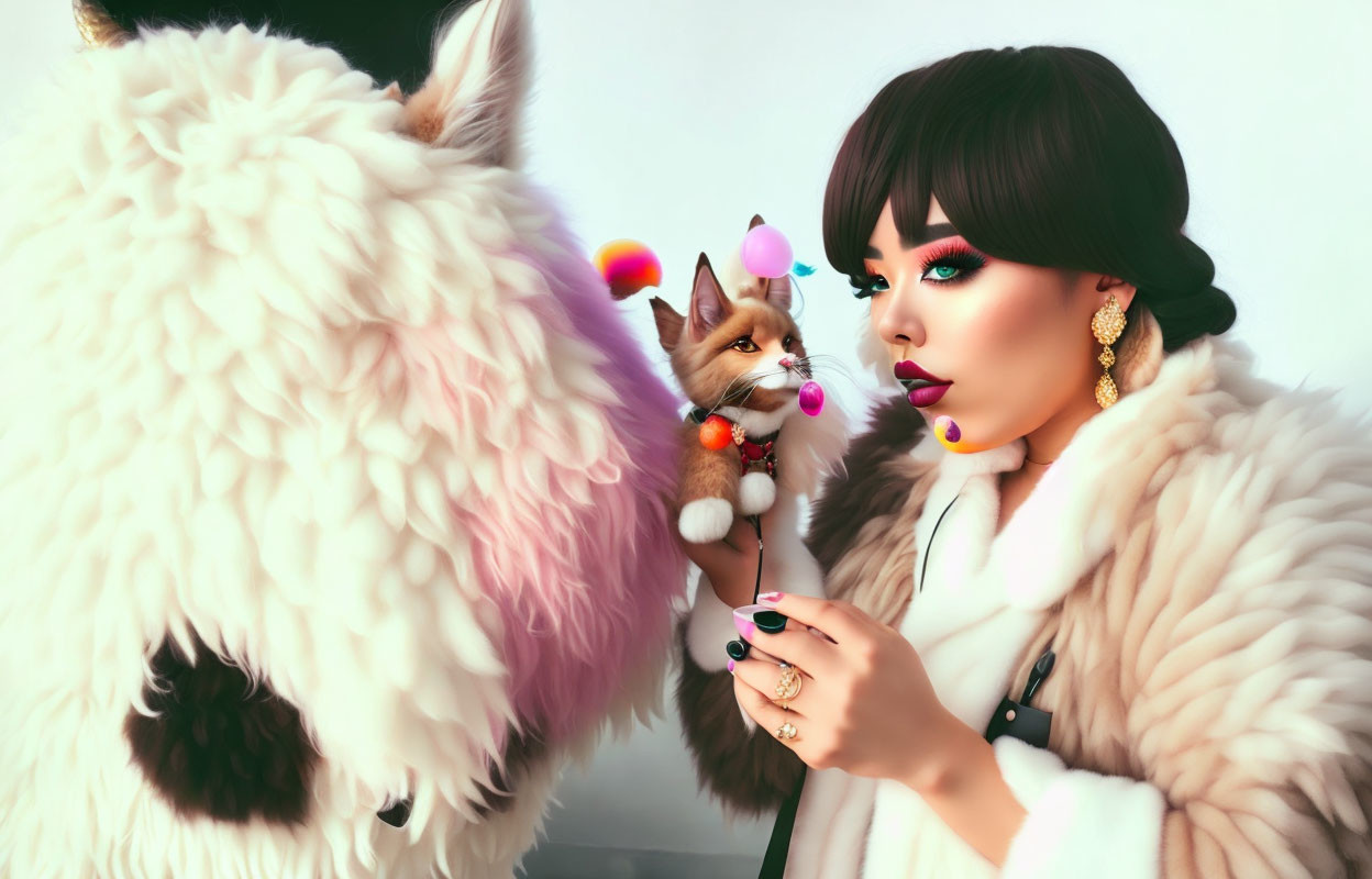 Fashionable woman with bold makeup holds tiny kitten near large fluffy creature and pastel orbs.