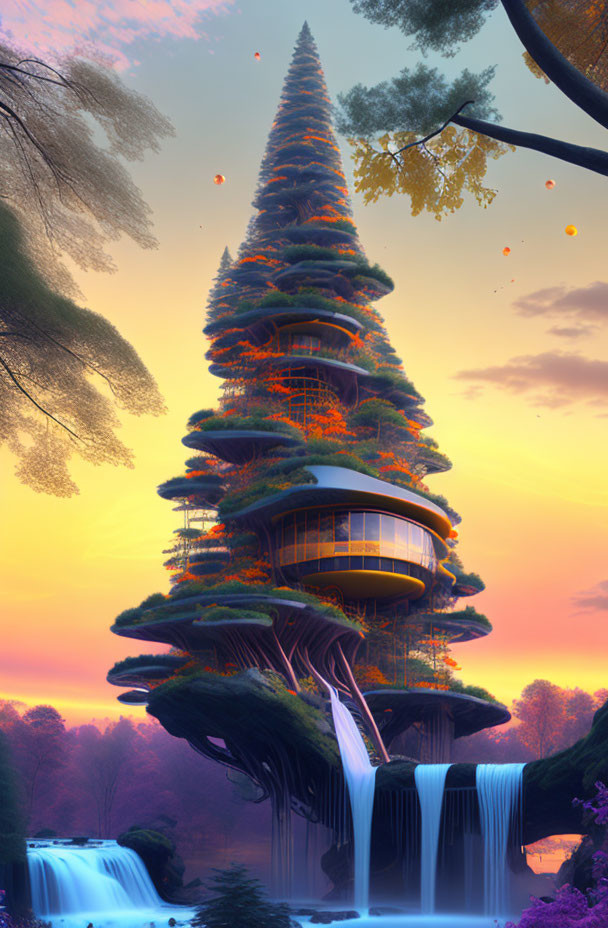 Fantastical treehouse with terraces in colorful sunset landscape