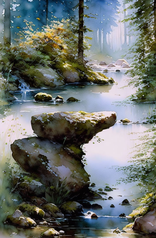 Tranquil forest scene with serene stream and lush greenery