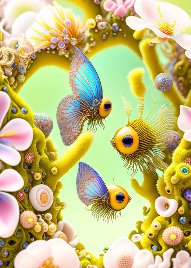 Colorful surreal image: Butterfly creatures with large eyes in fantastical flora