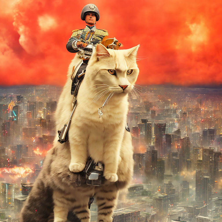 Decorated military uniform person rides giant cat over dystopian cityscape.