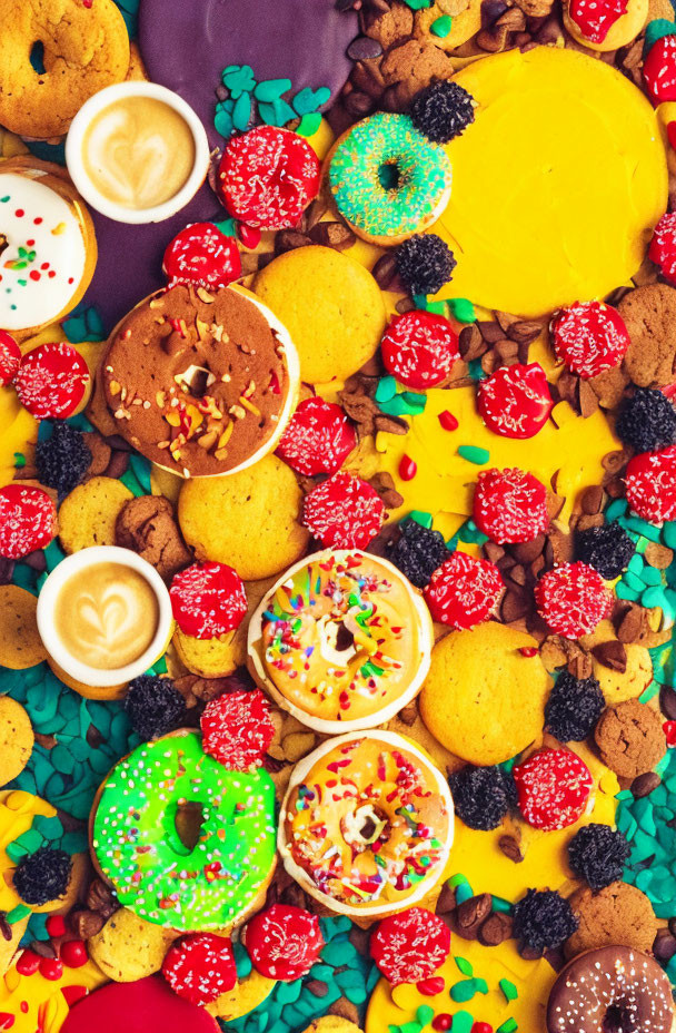 Assortment of colorful sweets with coffee cups on vibrant yellow backdrop