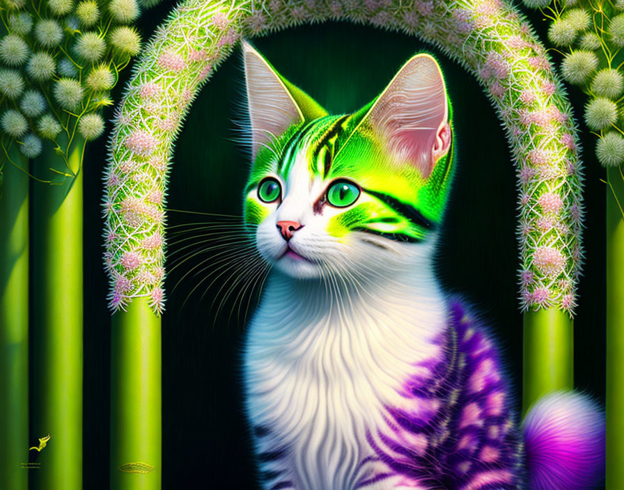 Digitally altered image of a cat with neon green stripes and glowing green eyes among dandelions