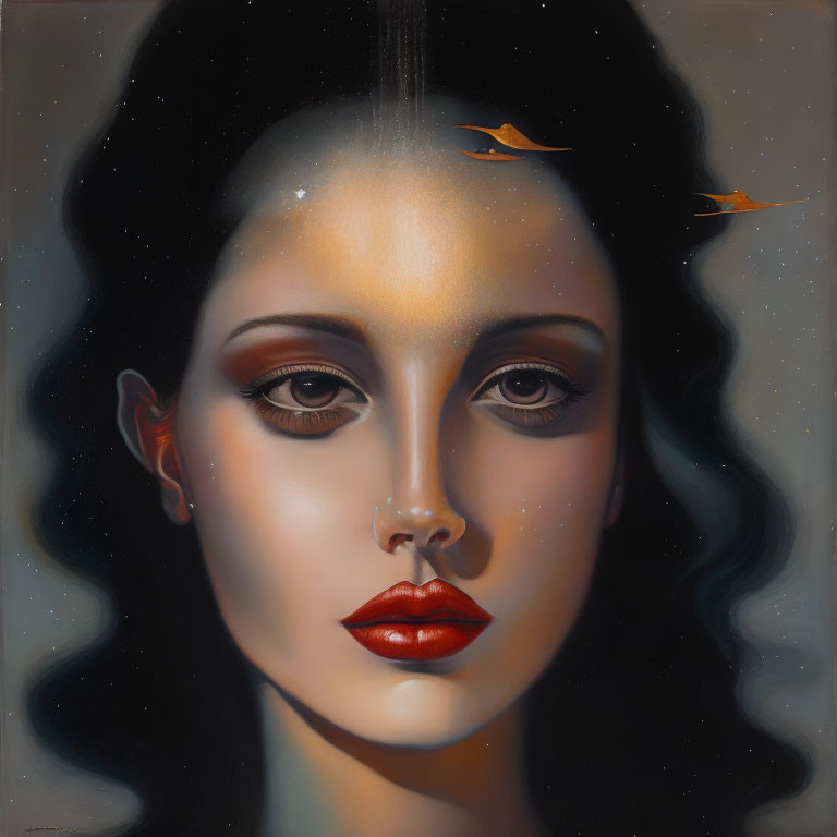 Surreal portrait of woman with red lips, star-speckled hair, and golden fish on