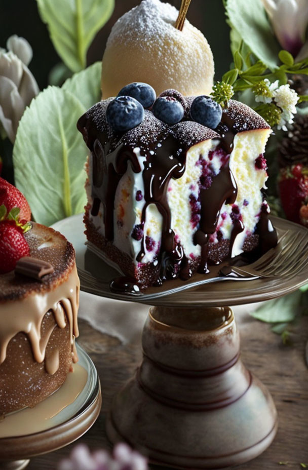 Layered sponge cake with cream, berries, chocolate glaze, and blueberries on a glass stand