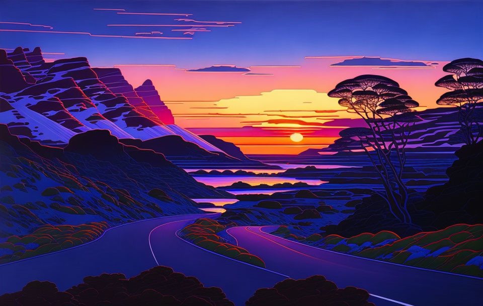 Vibrant coastal sunset scene with winding road and trees