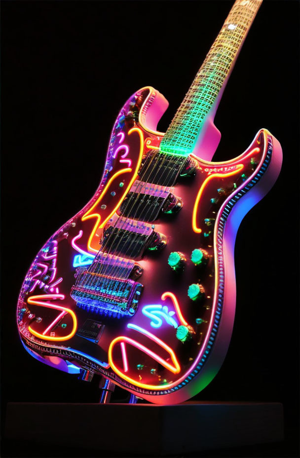 Vibrant neon-lit electric guitar on dark background