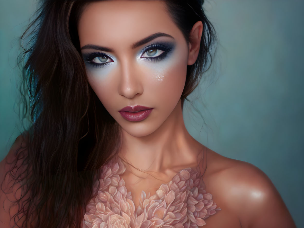 Blue-eyed woman with brown hair and glitter makeup on soft teal backdrop