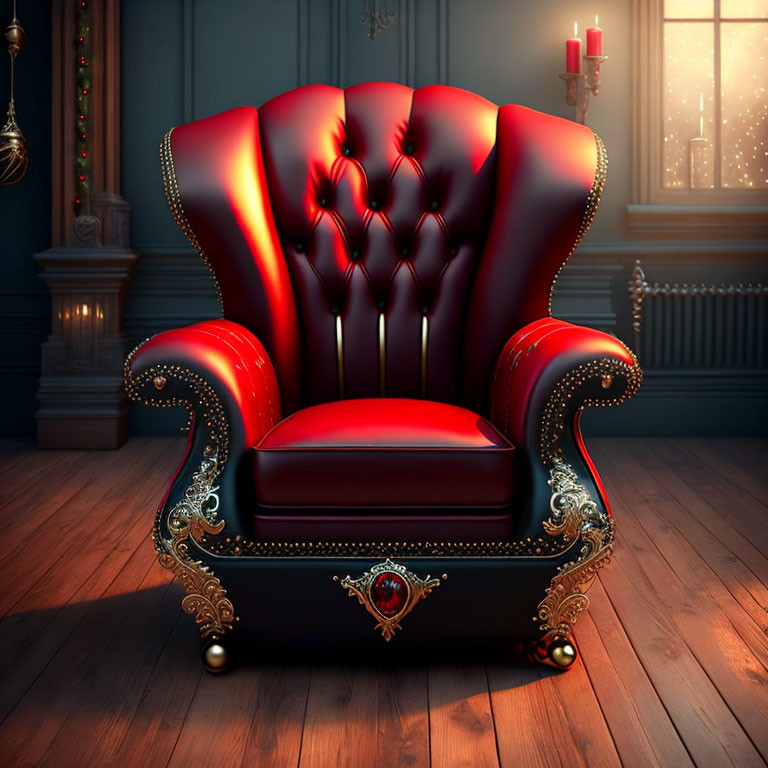 Luxurious red velvet armchair in dimly lit room with candles and large window