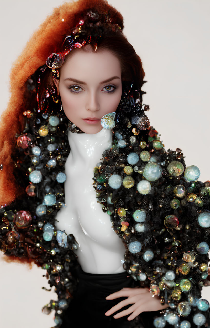 Striking green-eyed woman in vibrant attire with colorful spheres