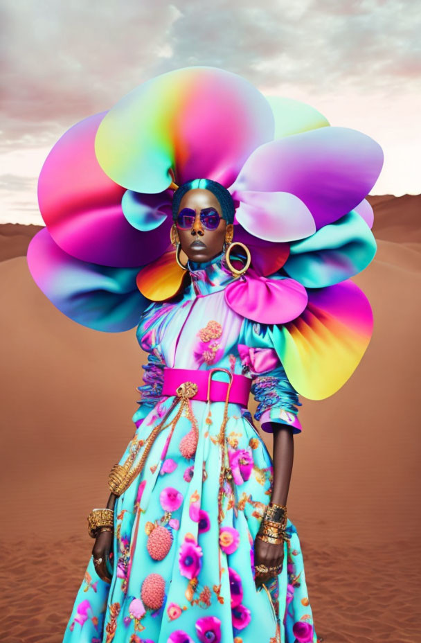 Woman in vibrant outfit with large headpiece in desert landscape