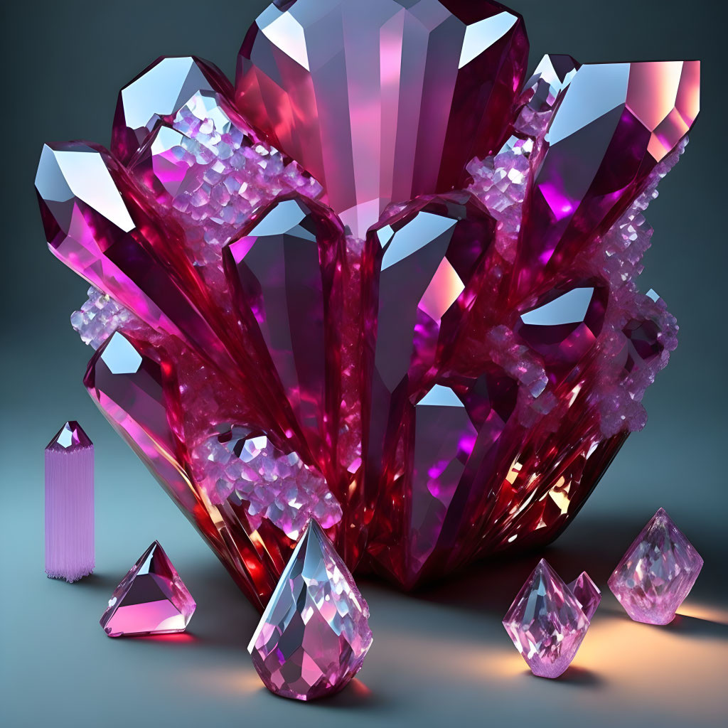 Colorful pink and purple crystals on cool-toned backdrop with dramatic lighting.