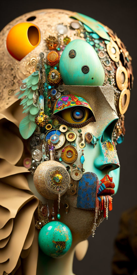 Surreal face art with gears, feathers, beads, and textures