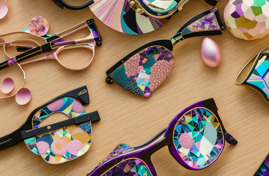 Colorful Geometric Pattern Sunglasses on Wooden Surface