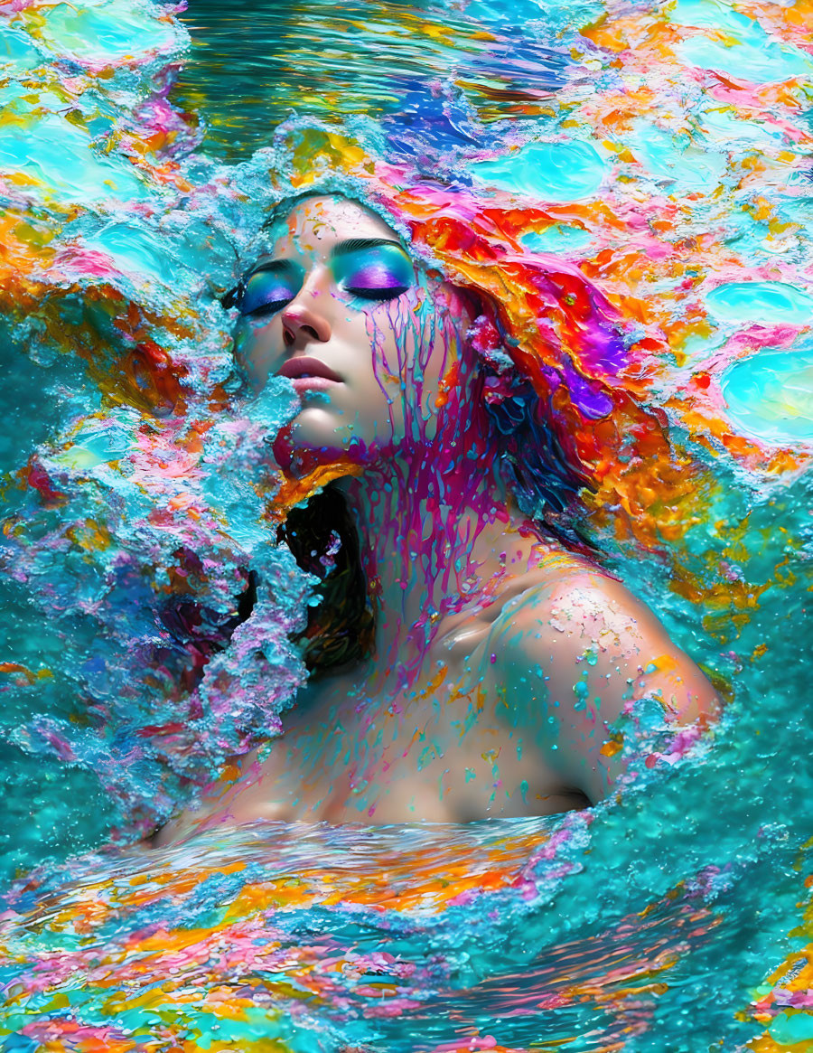 Colorful Makeup and Paint-Like Hair Swirls Submerged in Water