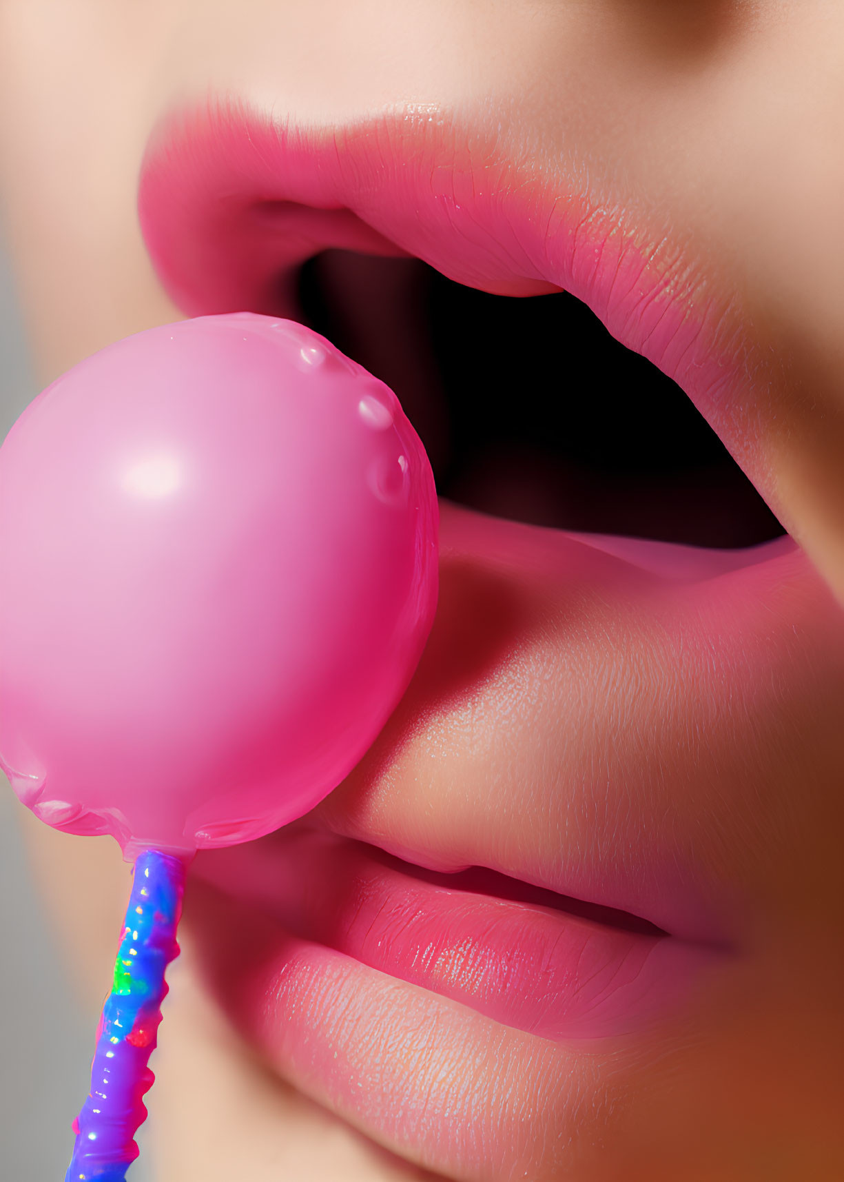 Pink glossy lips with small bubble gum balloon close-up.