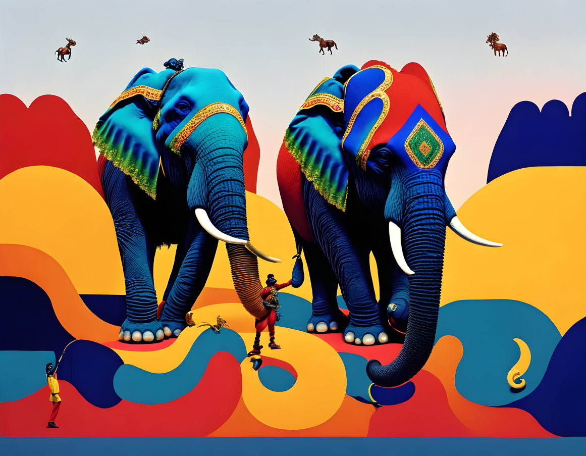 Ornate Elephant Trio on Colorful Platforms with People and Horses against Blue Sky