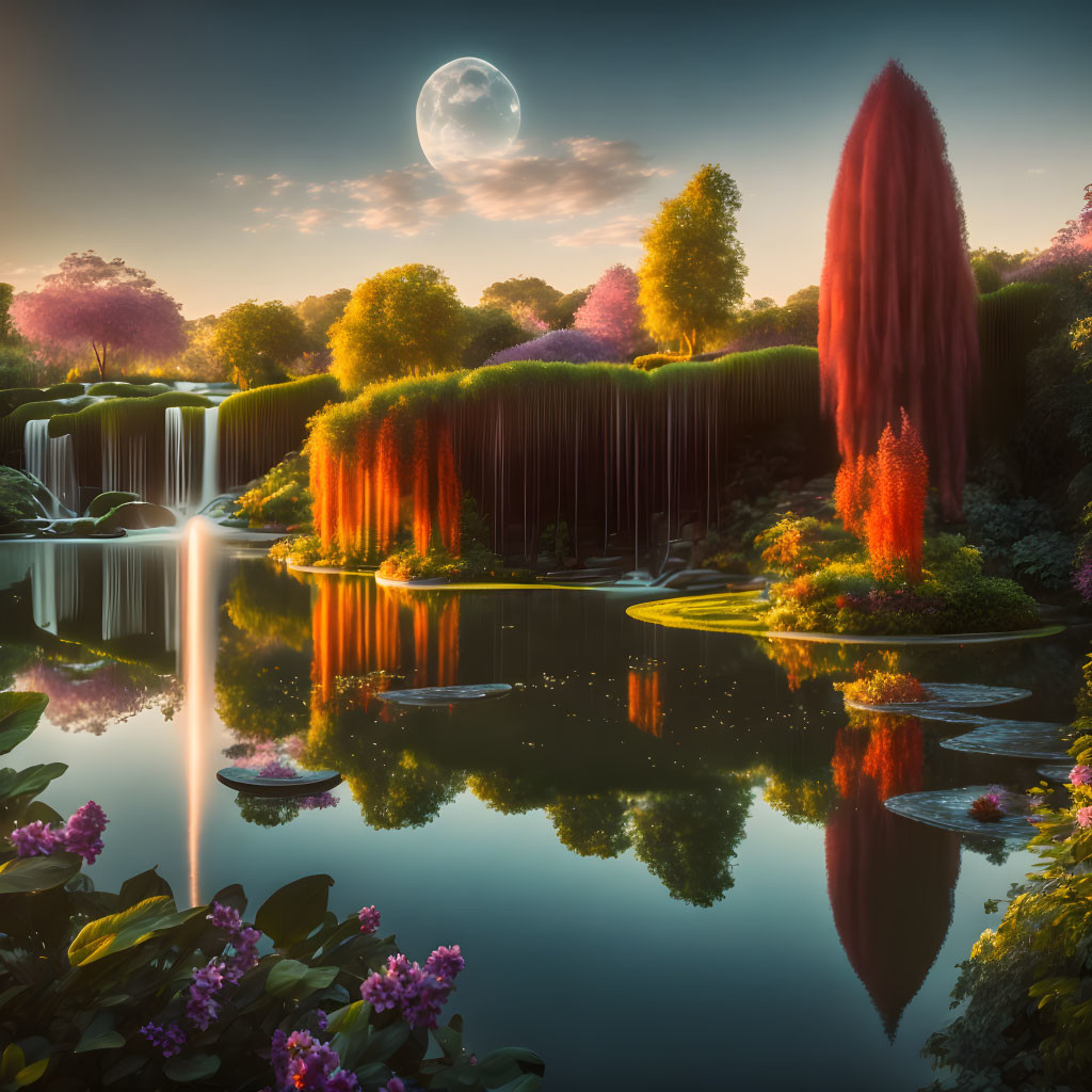 Tranquil fantasy garden with waterfalls, glowing flora, and serene pond